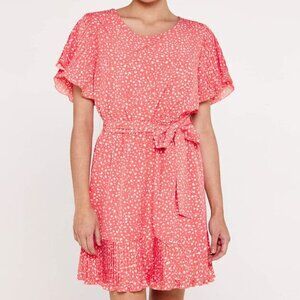 NWT - Apricot Dots and Pleats Flutter Sleeve Tie Waist Coral Dress